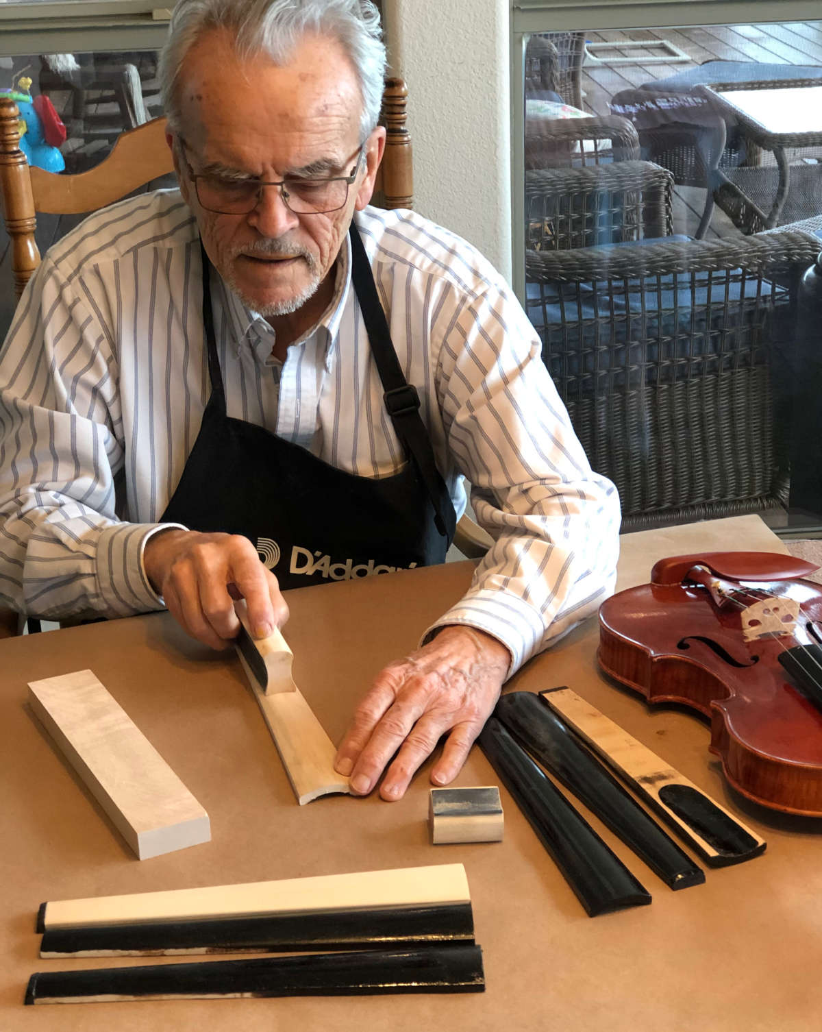 Joseph Nagyvary making light fingerboards, 2019